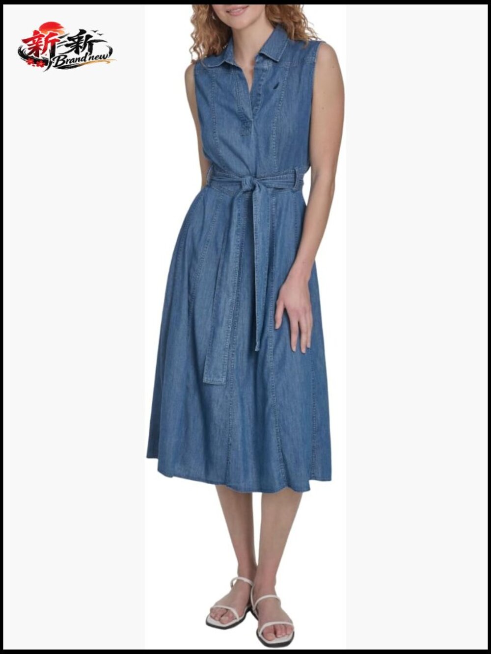 Cotton Viscose Chambray Sleeveless Shirtdress Belted Midi Dress